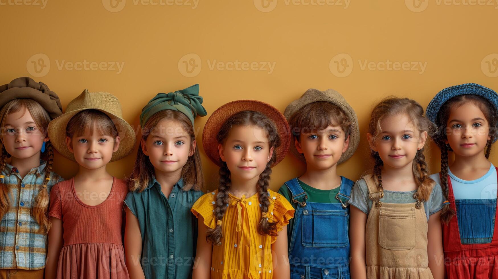 A group of young children in various costumes stand in a line against a yellow wall. photo