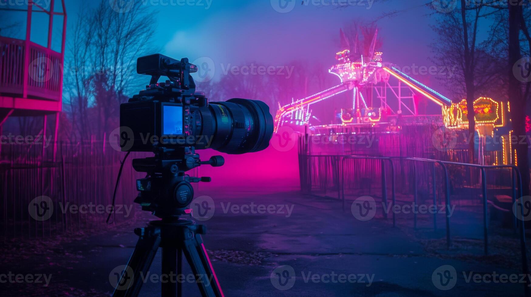 A camera on a tripod points toward a deserted amusement park, showcasing vibrant lights and eerie fog under a moody blue sky. The atmosphere feels both magical and haunting at dusk. photo