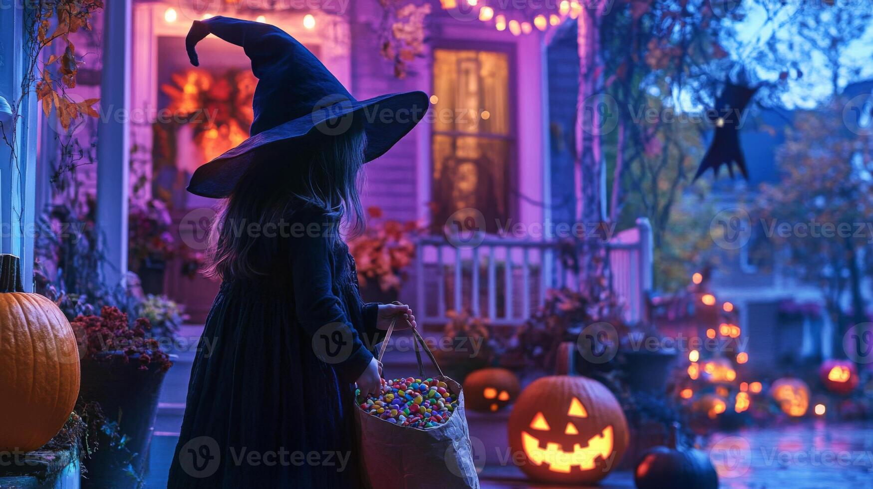 During Halloween night, a young witch in a dark costume gathers colorful candy from a decorated porch in a neighborhood adorned with glowing pumpkins and playful ghost figures. photo