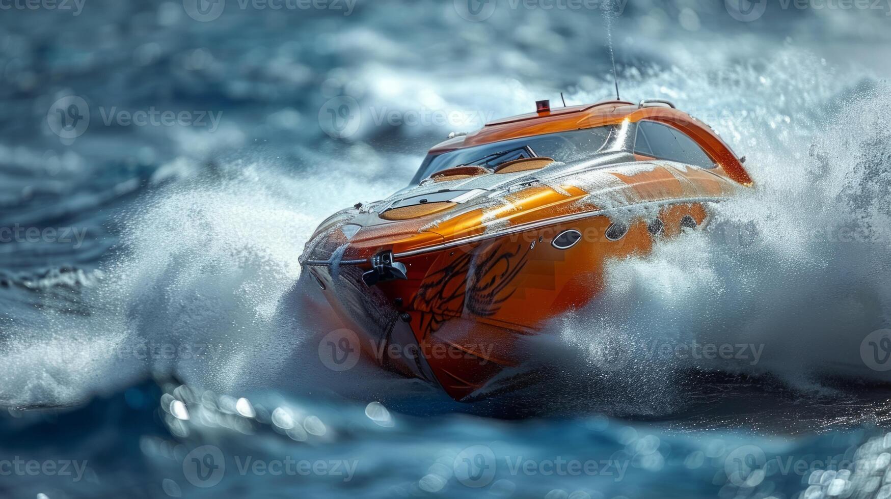 A bright orange powerboat with a black stripe speeds through the water, leaving a trail of white foam in its wake. photo