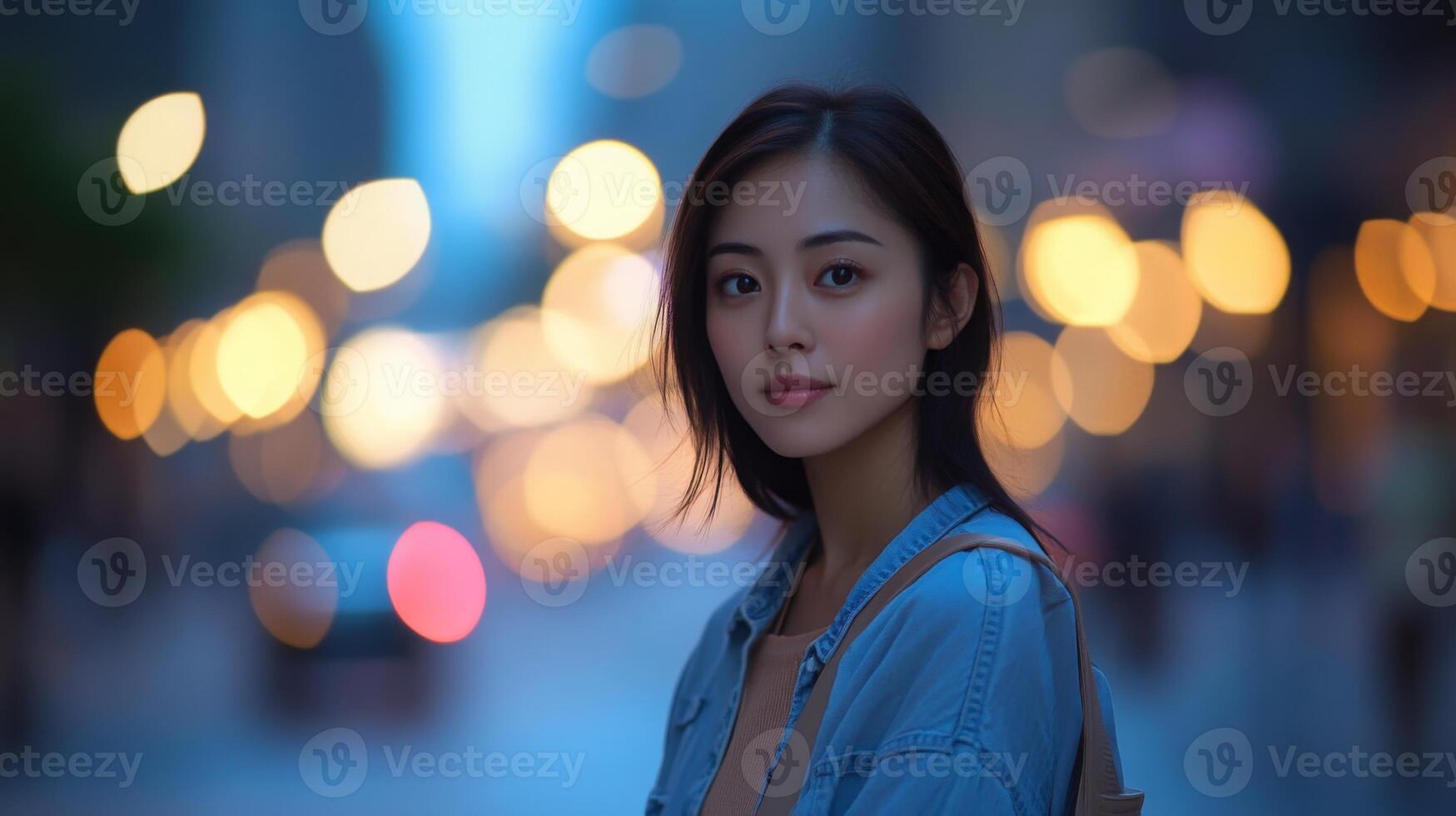 A young woman stands confidently on a bustling city street at twilight, surrounded by softly blurred lights. The vibrant bokeh creates a captivating atmosphere as she gazes directly at the viewer. photo
