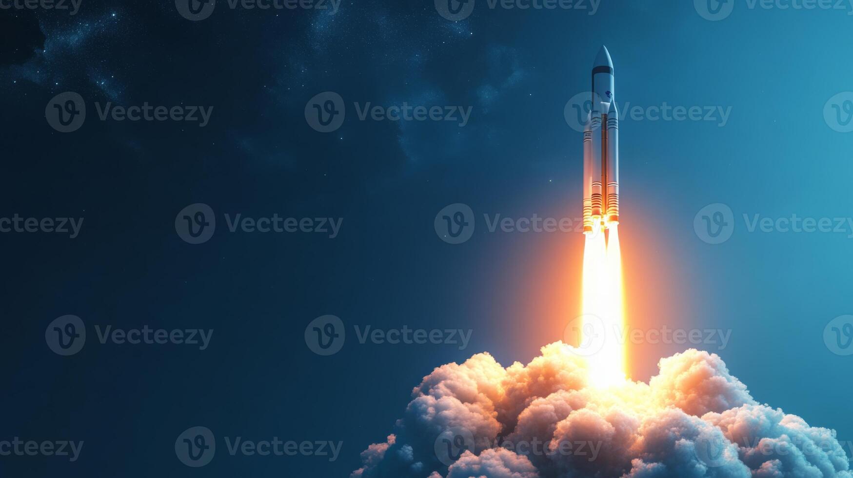 The rocket ascends rapidly, trailing bright flames and smoke as it pierces the dark sky photo