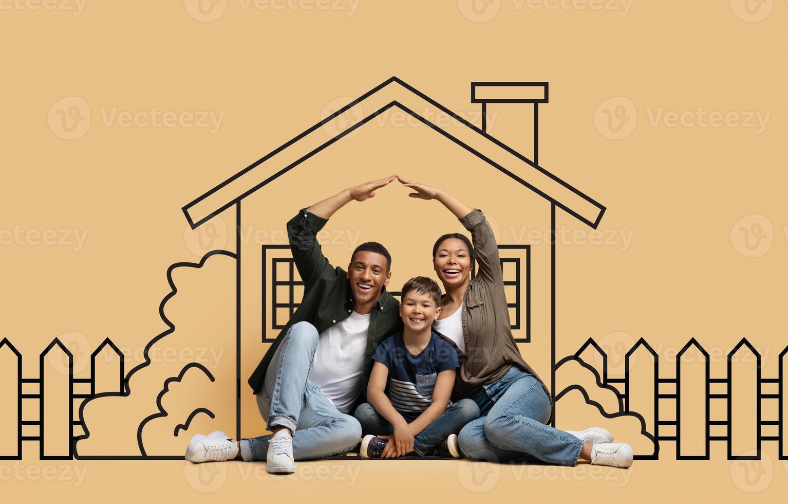 African American family consisting of parents and child sitting on the ground over drawn house. The family members are casually dressed and appear to be conversing or enjoying a moment together. photo