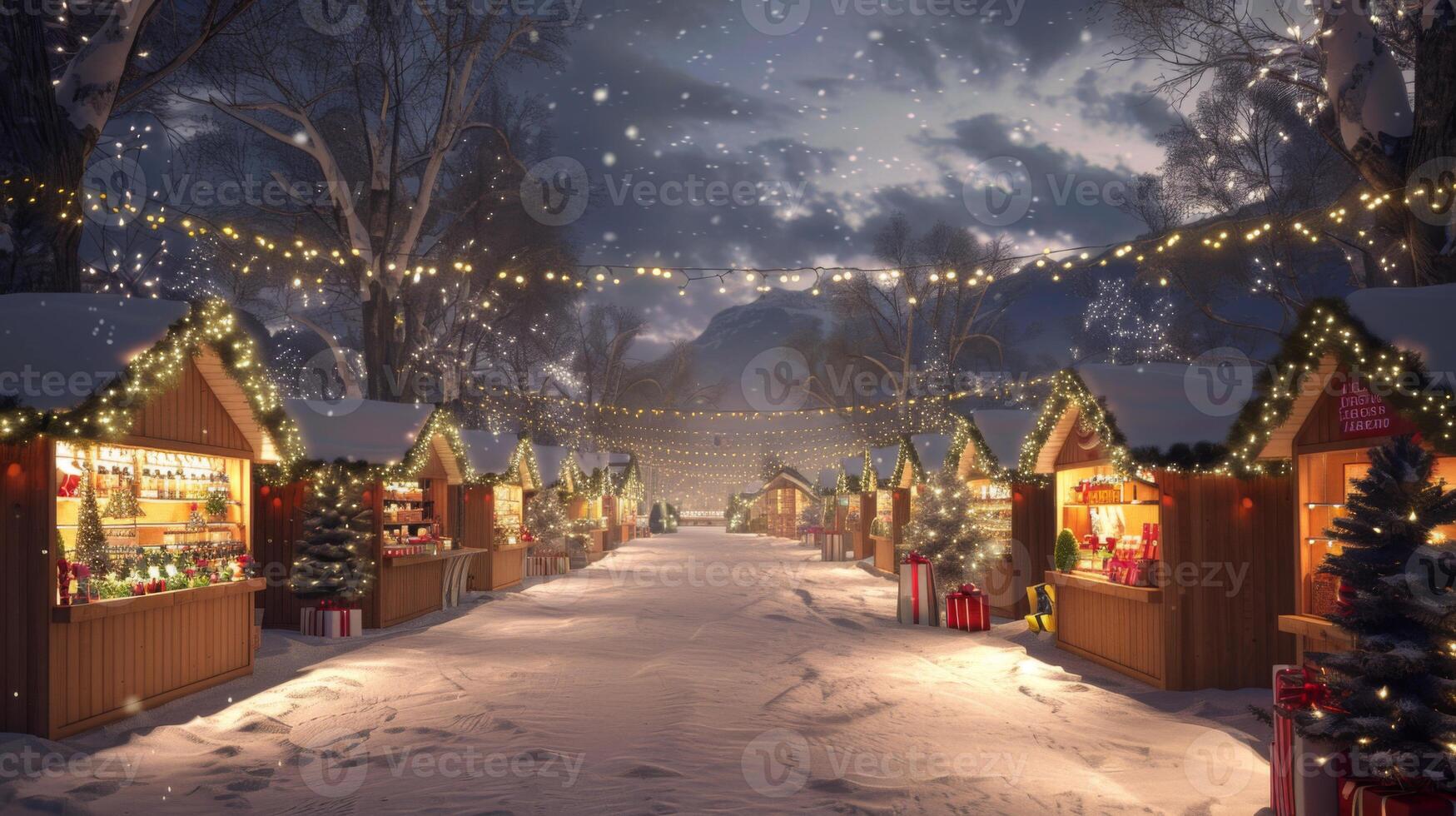 Festive stalls adorned with lights and decorations line a snow-blanketed path, inviting visitors to a holiday market at dusk. photo