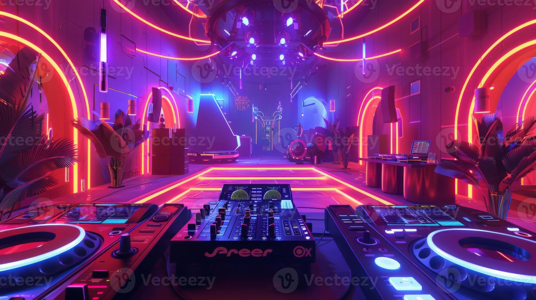 A DJ booth with turntables and a mixer is set up in a futuristic club with neon lighting and palm trees. photo