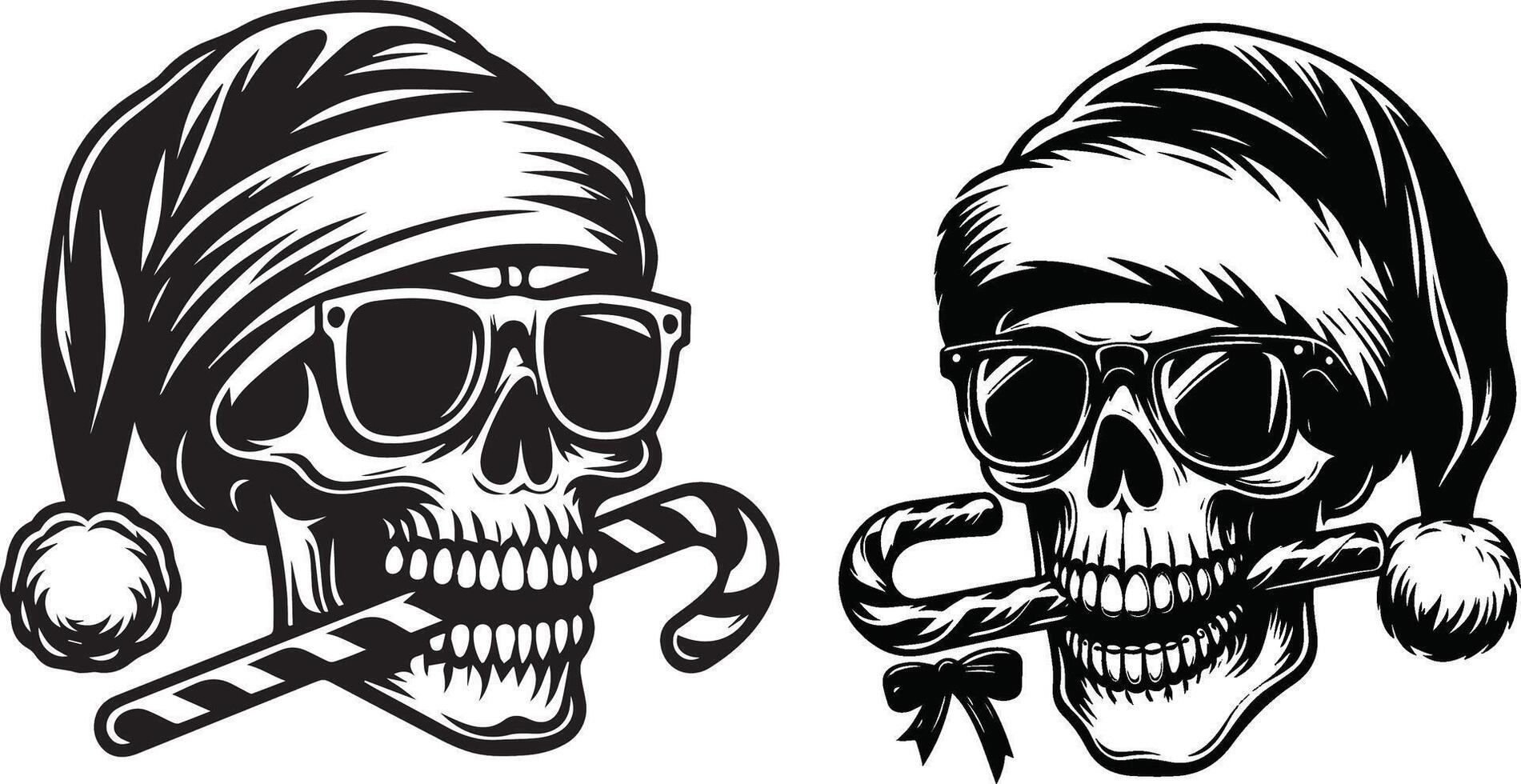 Black silhouette christmas skulls with Santa hats, sunglasses, candy canes two various smile poses vector