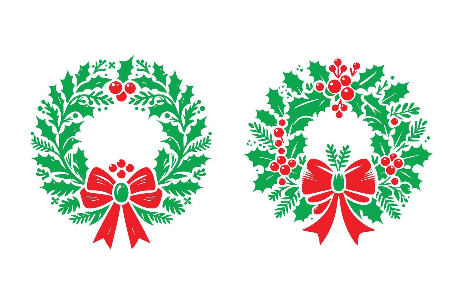 Christmas wreath illustration with red bow and baubles two Different styles vector