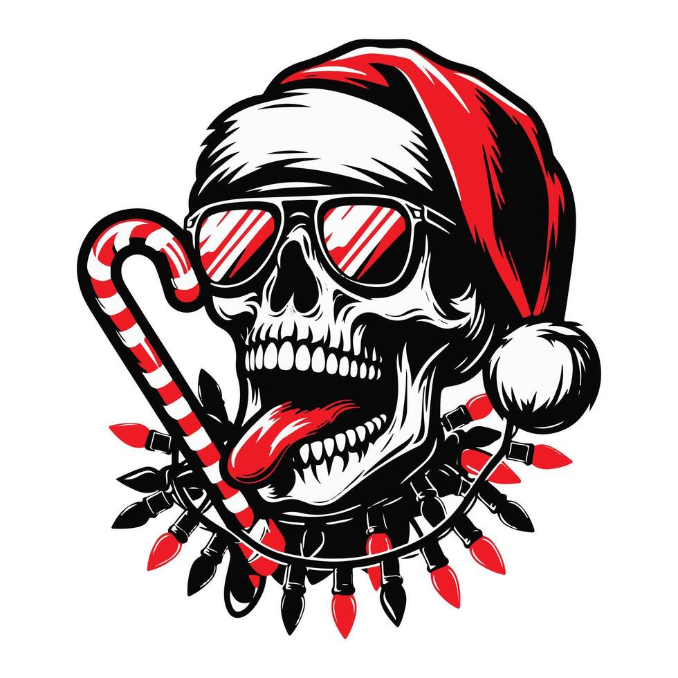 Cool Skull Wearing Sunglasses and Santa Hat, Holding Candy Canes vector