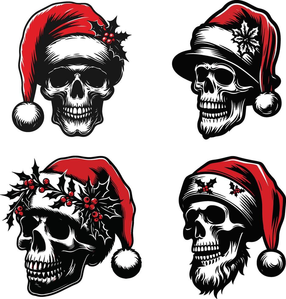 Christmas skulls with Santa hats and holly leaves in different designs vector