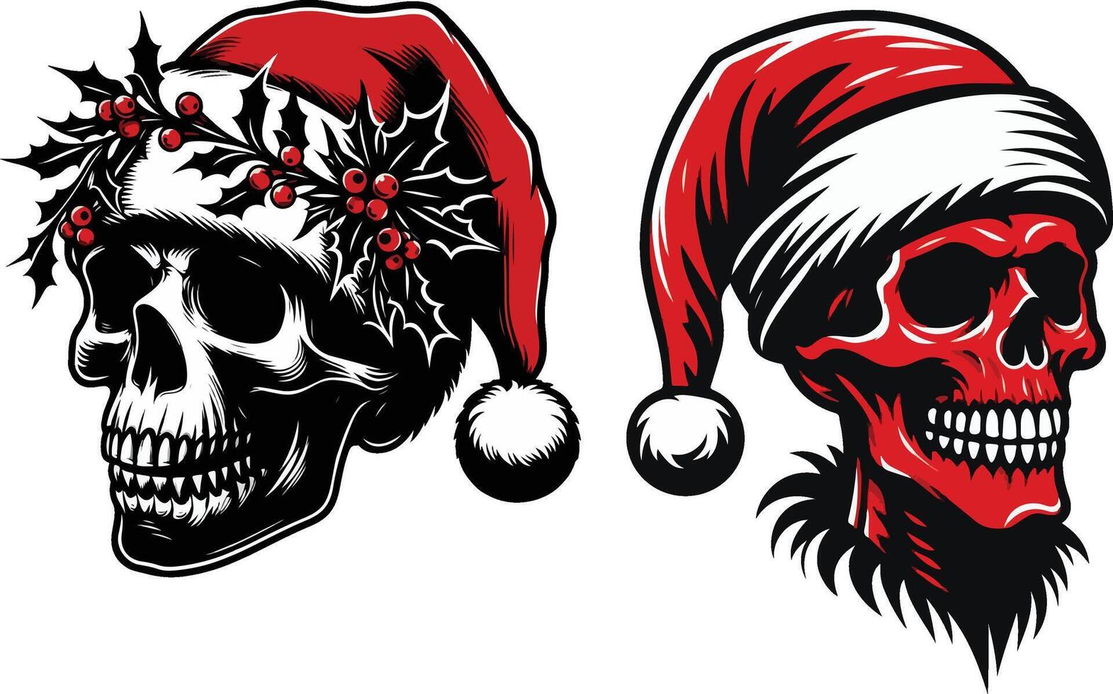 Christmas skull in witch hats in various spooky poses, Two Set of isolated white background illustration vector