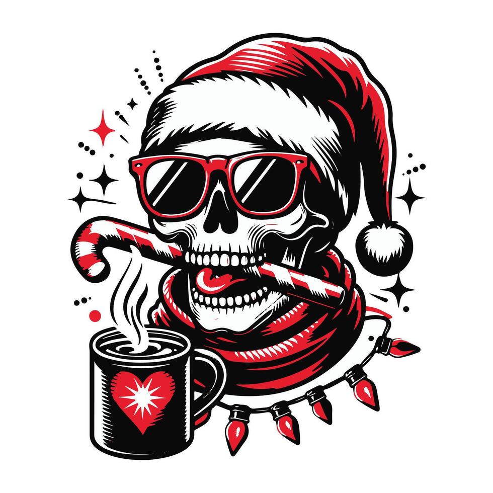 Cool Santa Claus Skull with Holiday Accessories and Sunglasses, holding coffee mug vector