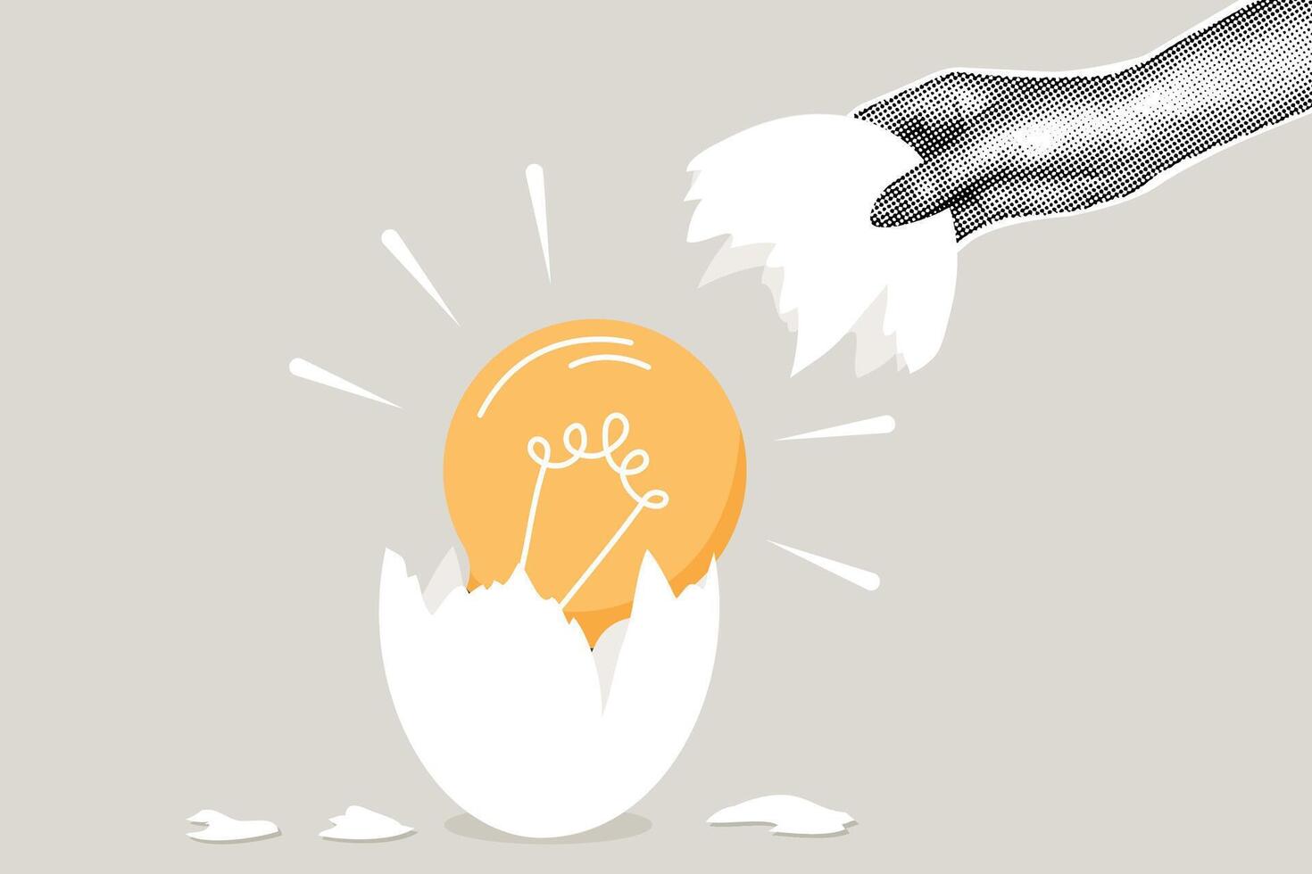 Modern halftone collage.Concept birth of an idea,creation or discovery,business solution,brilliant idea.Halftone hand removes part of shell from egg,light bulb inside idea.Modern business collage vector
