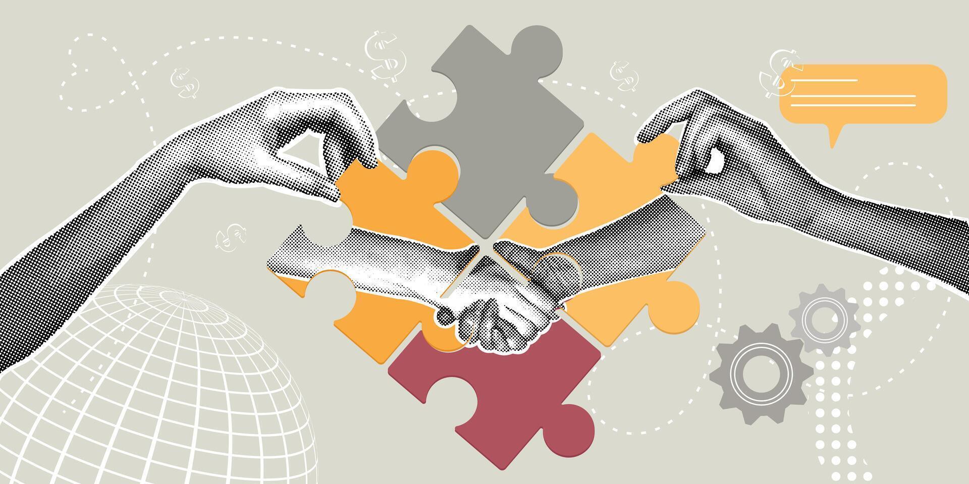 Fashionable halftone collage. Concept of partnership, sponsorship,agreement, contract conclusion. Illustration for web banner, social media banner, business presentation, marketing material. vector