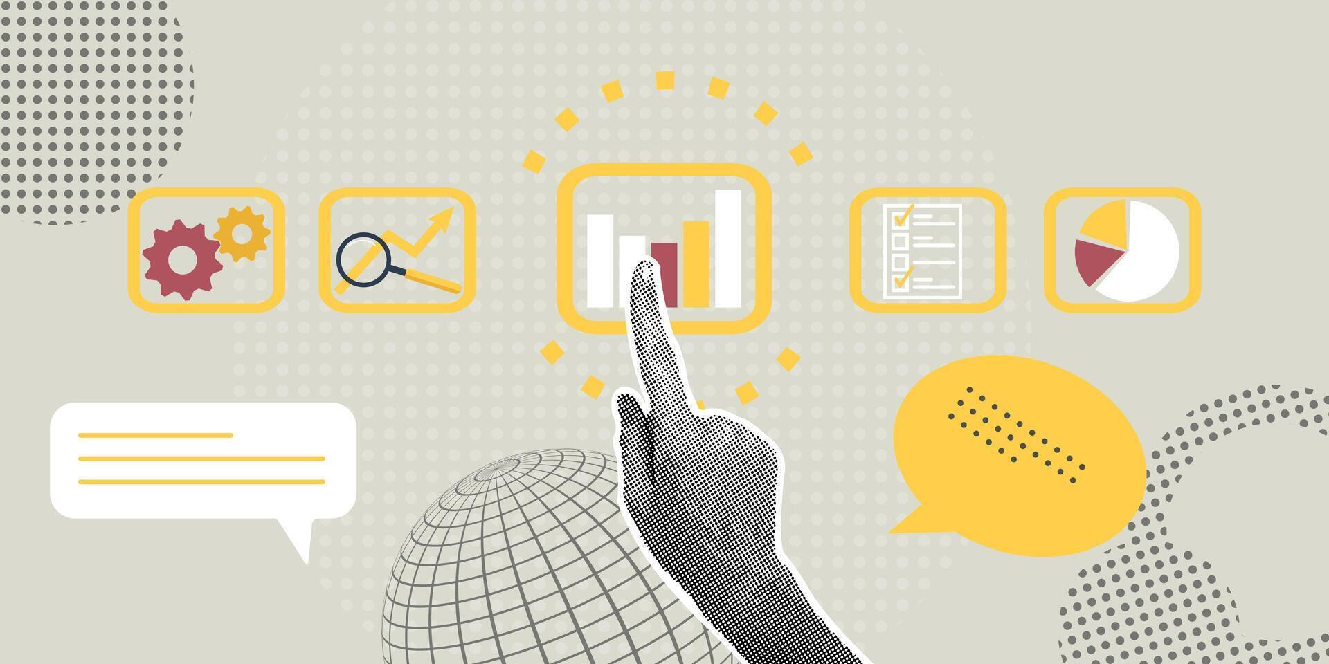 Trendy halftone collage.Concept of analytics,global strategy,teamwork,sales growth,business growth,production growth. Illustration for web banner, social media banner, business presentation vector
