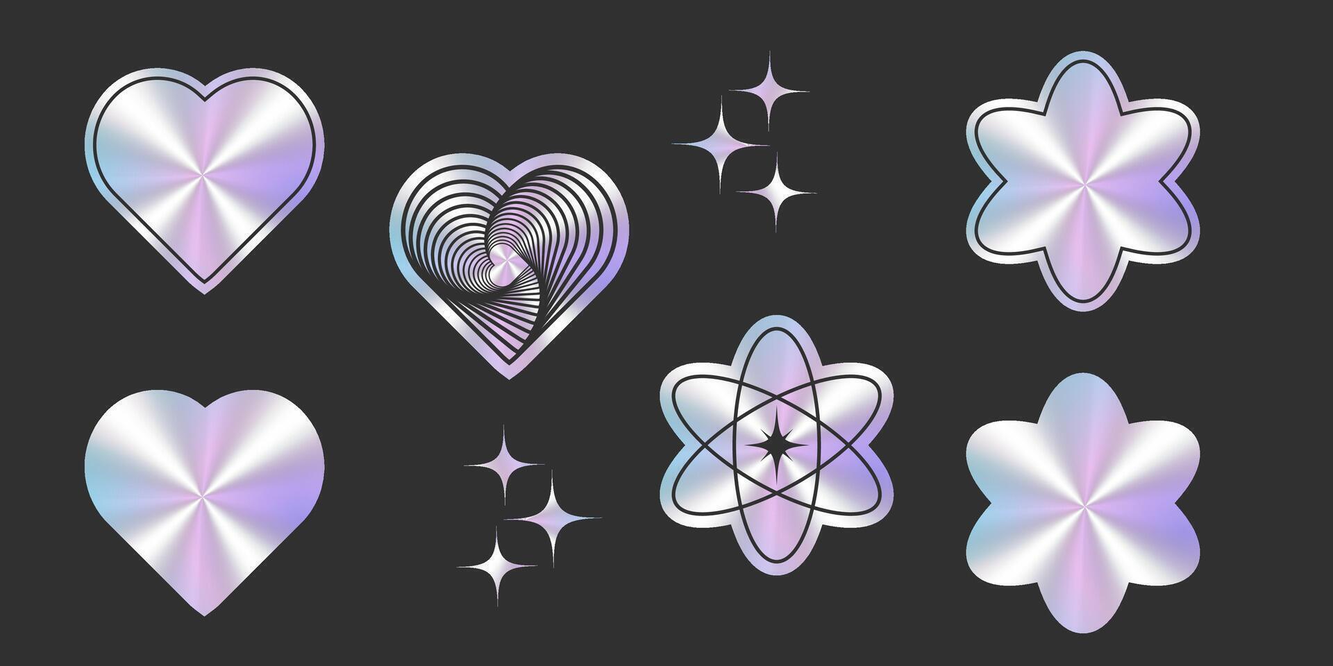 Holographic Sticker. Holographic stickers with shiny texture in heart and flower shapes, blank and patterned. Isolated set vector