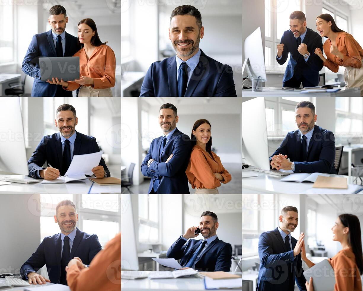 A dynamic team of professionals is actively collaborating in a contemporary office setting. Individuals are engaged in discussions, sharing ideas, and expressing enthusiasm over their projects. photo