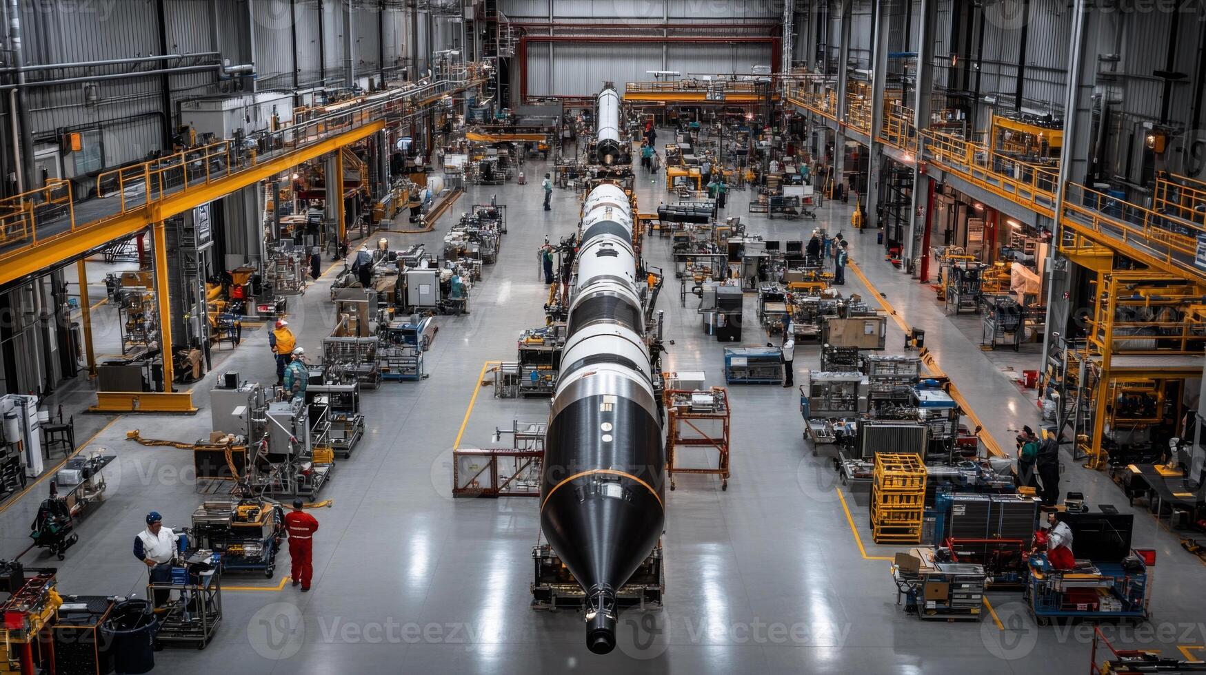 Technicians work on a large rocket in a busy manufacturing facility filled with equipment and machinery. The spacious area is organized, showcasing various stages of the assembly process. photo