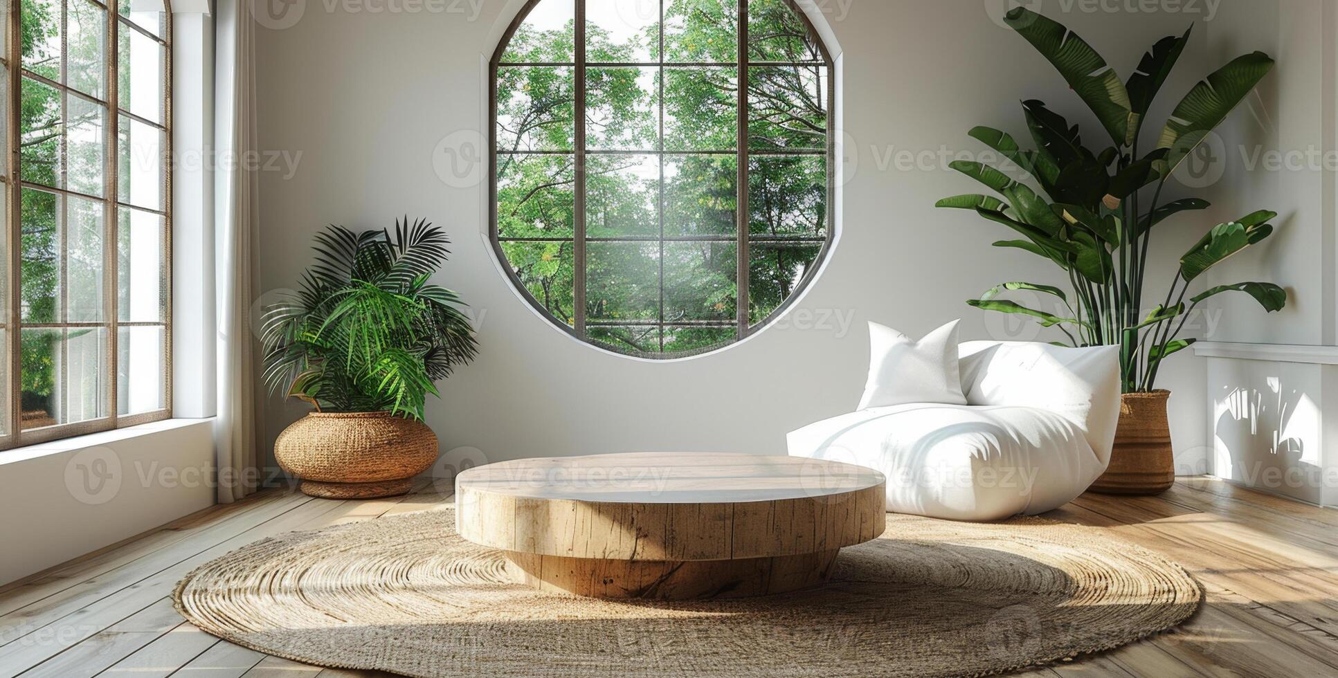 A modern living room interior design with a large round window showcasing a view of greenery. A wooden coffee table sits in the center of a jute rug, while a white beanbag chair rests to the right. photo