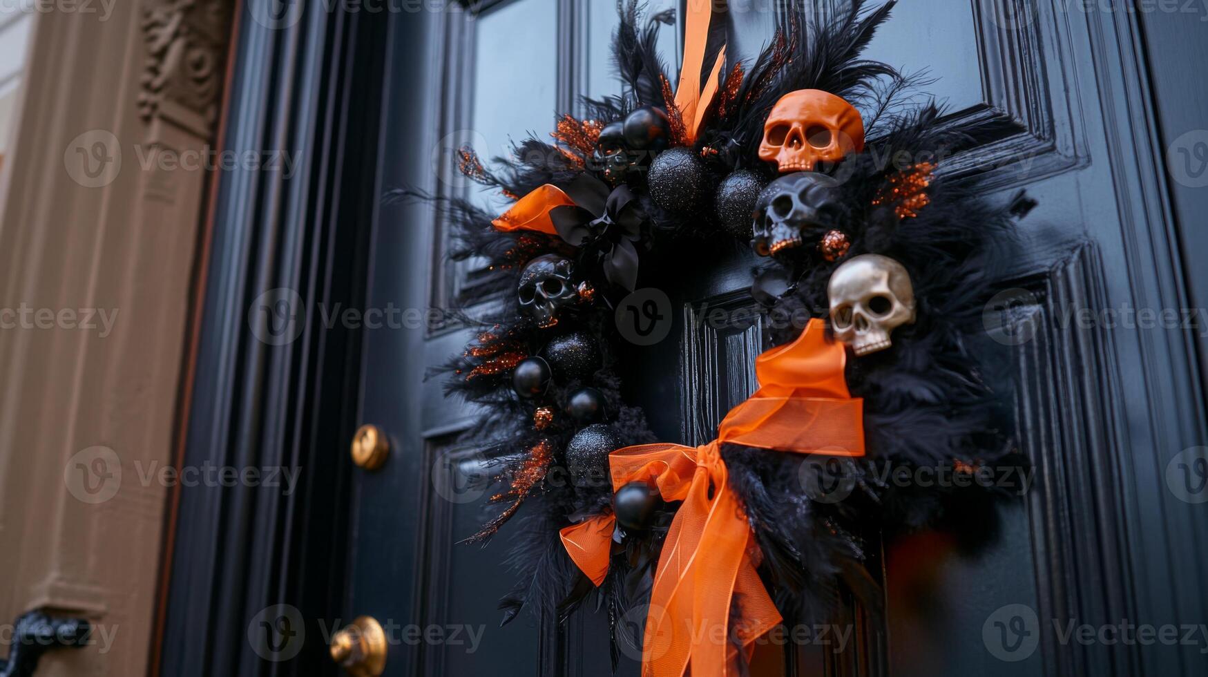 A vibrant Halloween wreath adorned with black feathers, orange ribbon, and skull decorations hangs on a dark front door. The wreath adds a festive touch, welcoming guests for the spooky season. photo