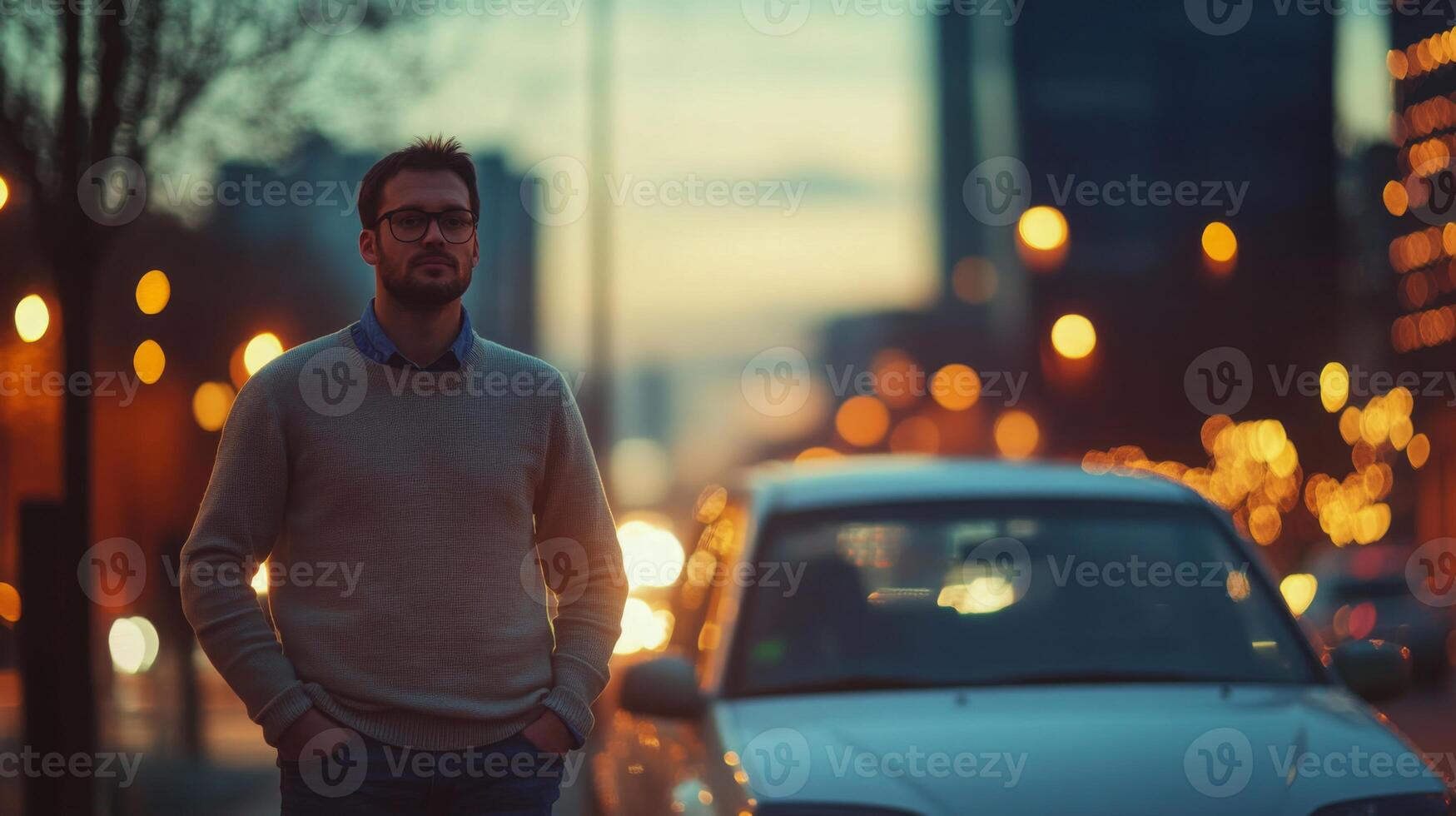 During twilight, a man wearing a sweater stands confidently on a bustling city street. The background features glowing streetlights and traffic, creating a vibrant urban atmosphere. photo