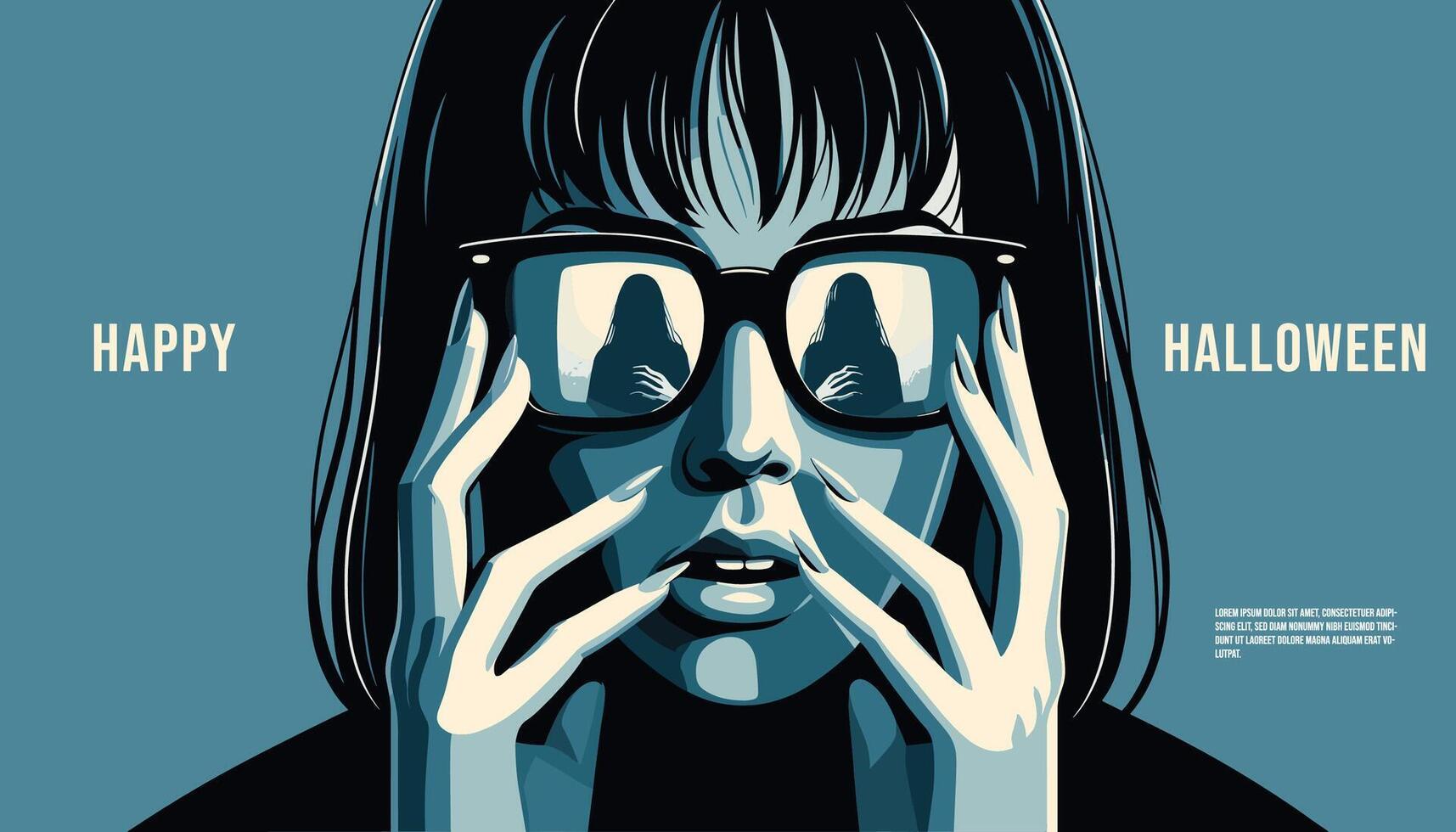 a poster of a woman with glasses that reflect a ghost scary Halloween illustration vector