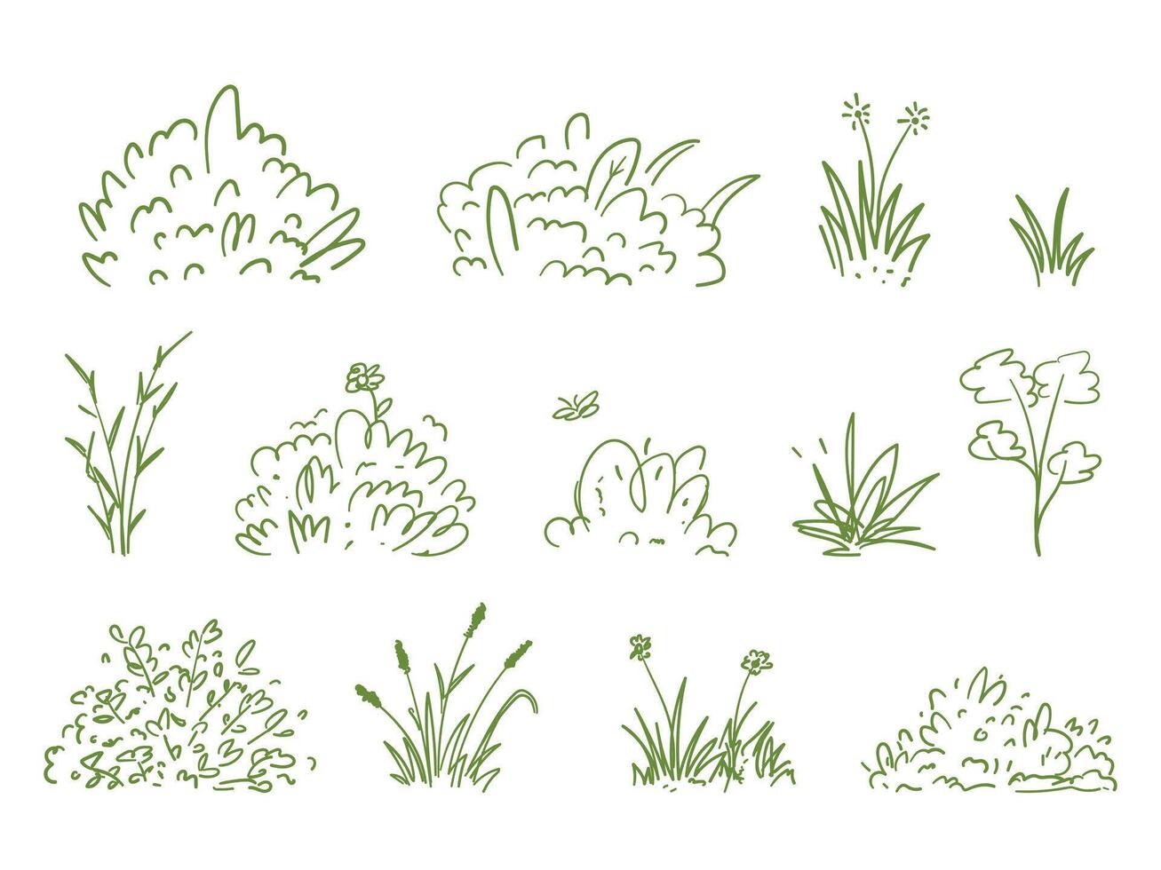 Set of bush, grass. Hand drawn green bush blossom vector