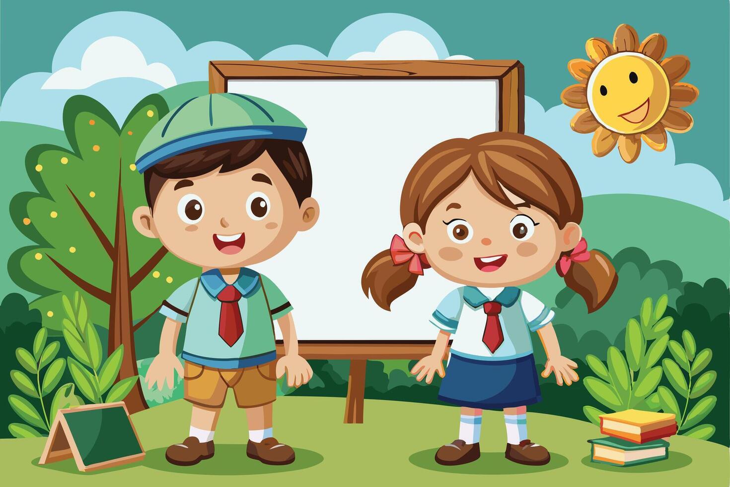 boy and girl scout and whiteboard frame illustration vector
