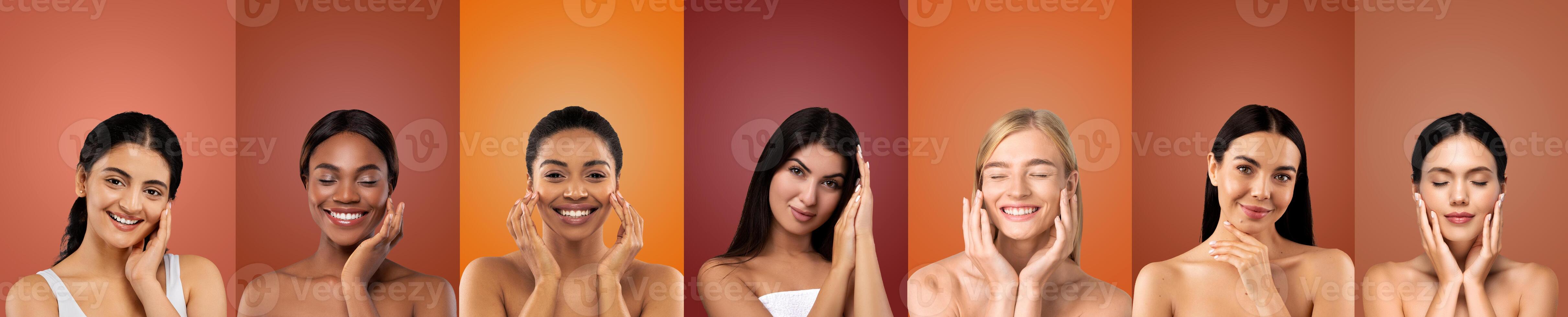 A group of eight women with varying skin tones are photographed against a background of eight different colors. Each woman is smiling and touching their face with both hands. photo