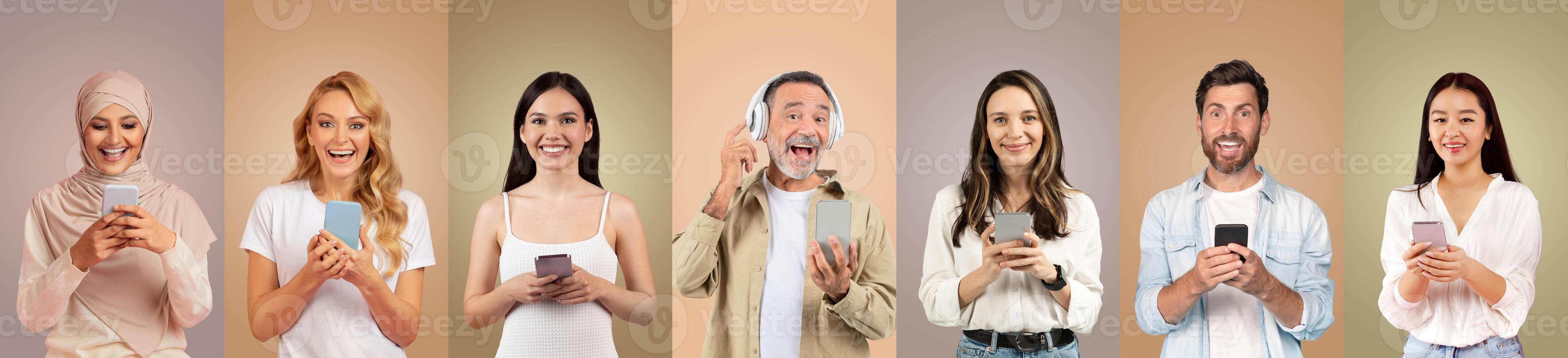 A diverse group of individuals, including men and women of various backgrounds, happily engaging with their smartphones in a warm, inviting setting. They express joy and connection. photo