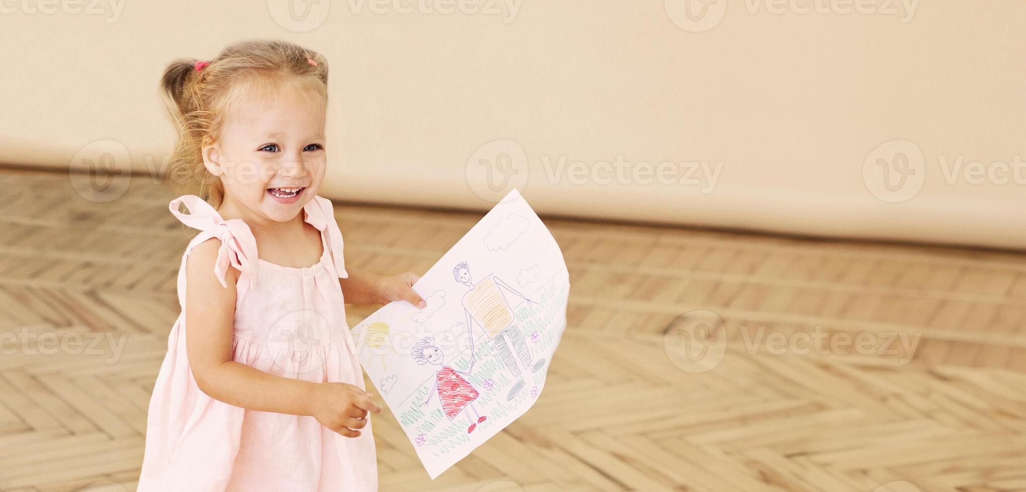 Happy little child running to father and holding a drawing with Daddy and Me text photo
