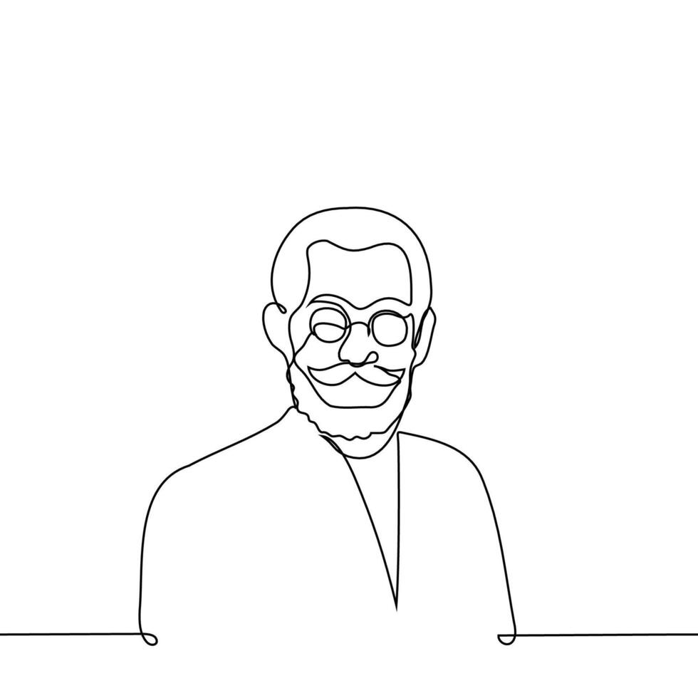 old stylish man portrait in round glasses with beard and twisted top mustache tips - one line art . concept stylish, fashionable elderly man vector