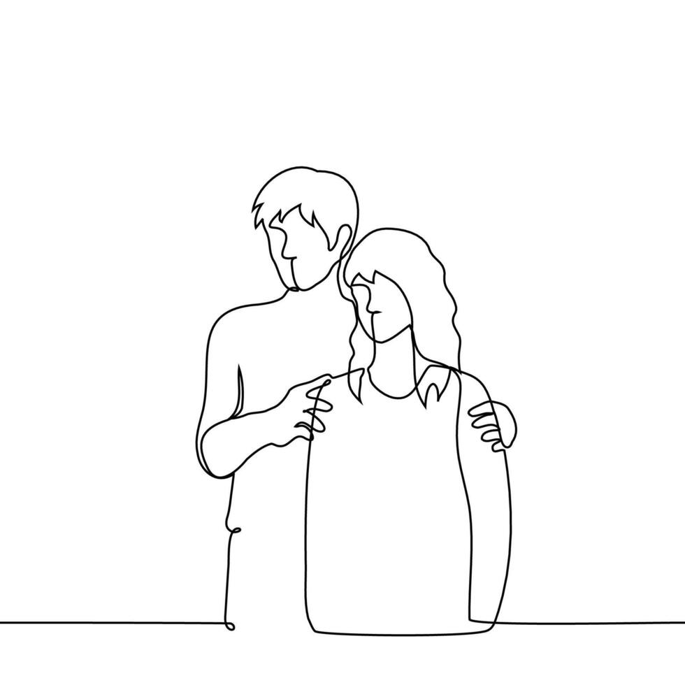 tall man standing behind short woman supporting her shoulders - one line art . Concept support, siblings, flirt, skinship vector