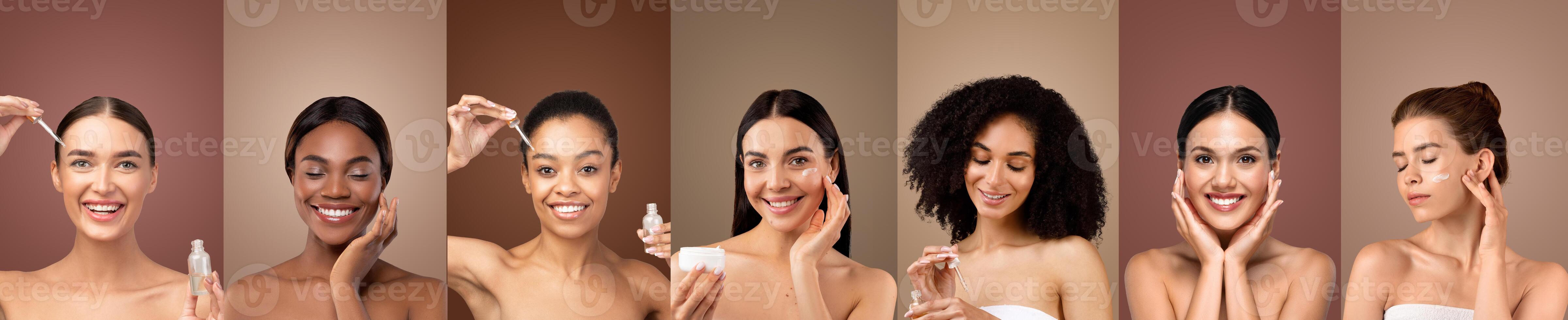 A collage of seven images featuring multiethnic women applying various skincare products to their faces. Each woman is smiling and looks happy and confident while using the products photo