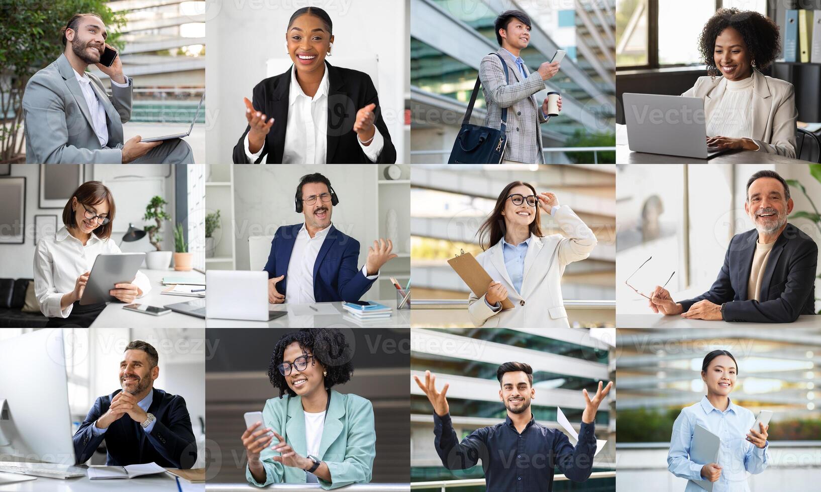 A dynamic array of professionals is engaged in different activities within a contemporary office environment. Individuals are seen communicating via phone, collaborating over laptops photo