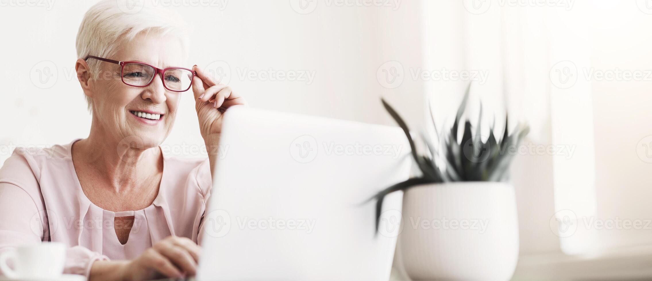 Aged attractive business lady working in front of laptop from home, using stylish glasses, panorama with copy space photo