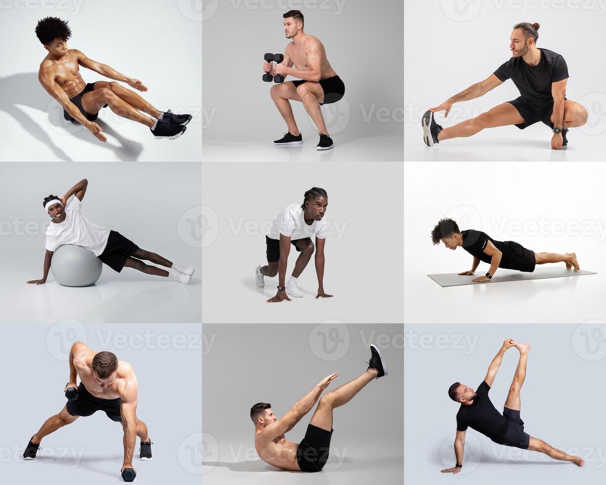 Individuals are participating in different workout routines, showcasing strength and flexibility photo
