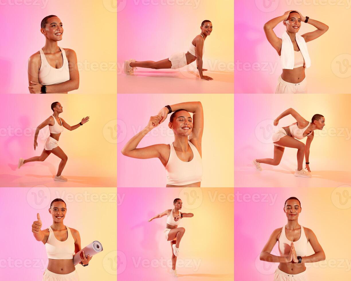 A young African American woman showcases various workout poses in a colorful studio. She smiles while demonstrating exercises, highlighting her fitness routine and enthusiasm for health. photo