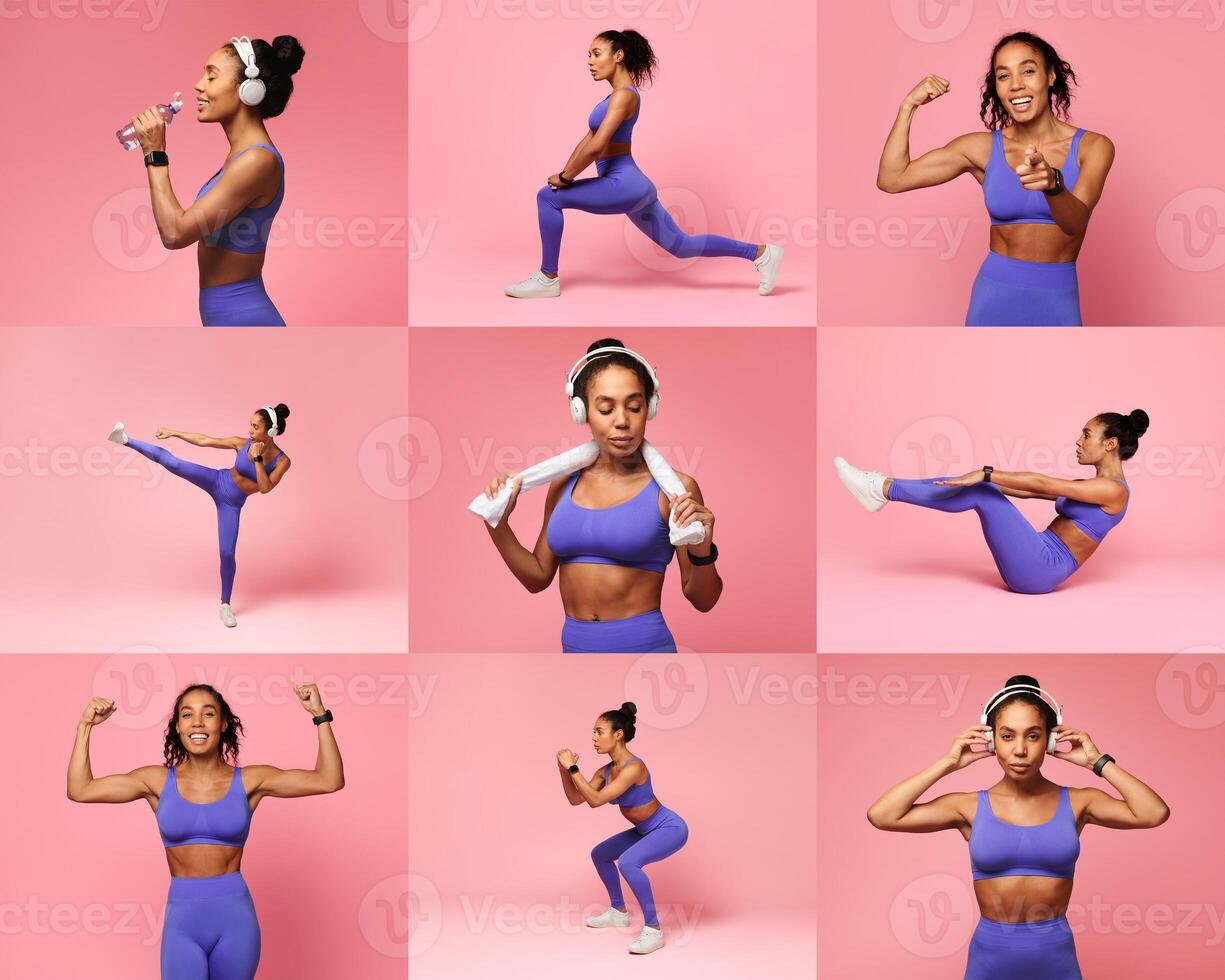 African American fit woman is engaged in diverse exercise routines including lunges, leg lifts, and weights, all set against a bright pink backdrop while enjoying upbeat music through headphones. photo
