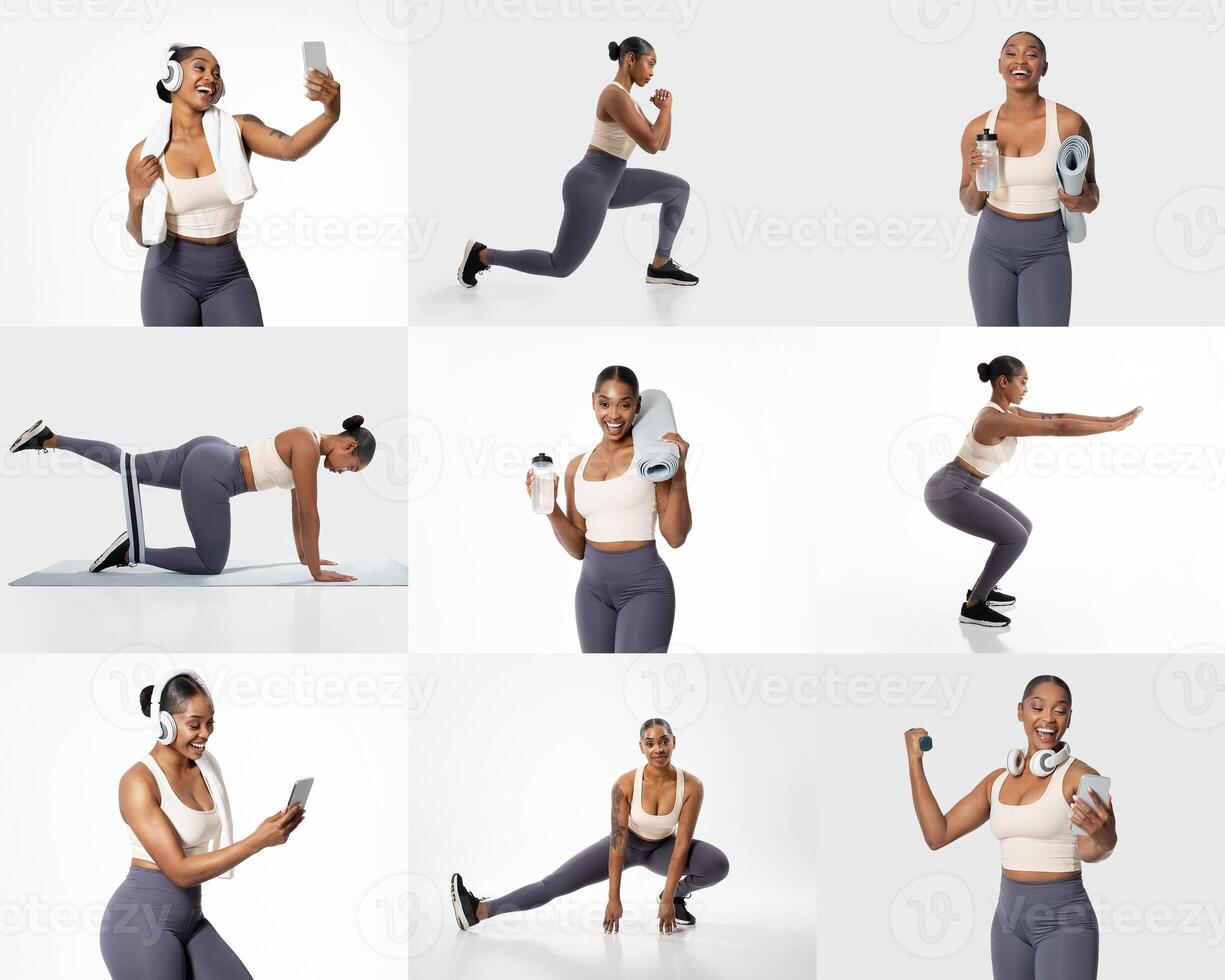 A fit African American woman engages in a series of workouts in a well-lit room, showcasing different exercises including lunges, yoga, and strength training. She appears motivated and energetic. photo