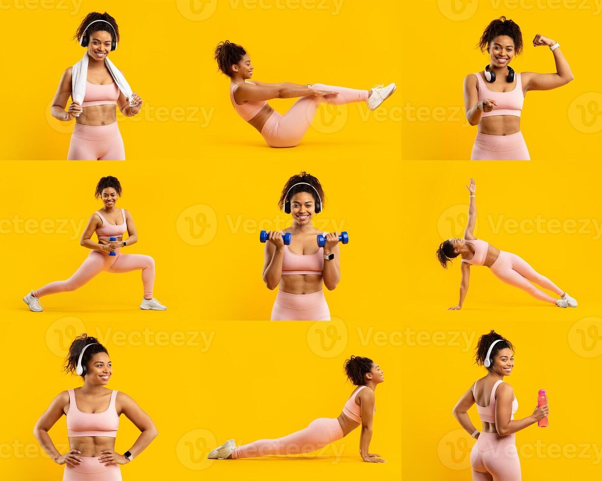A fit young African American woman performs multiple workout routines in a cheerful yellow setting. She showcases exercises like squats, planks, and arm curls, embodying energy and motivation. photo
