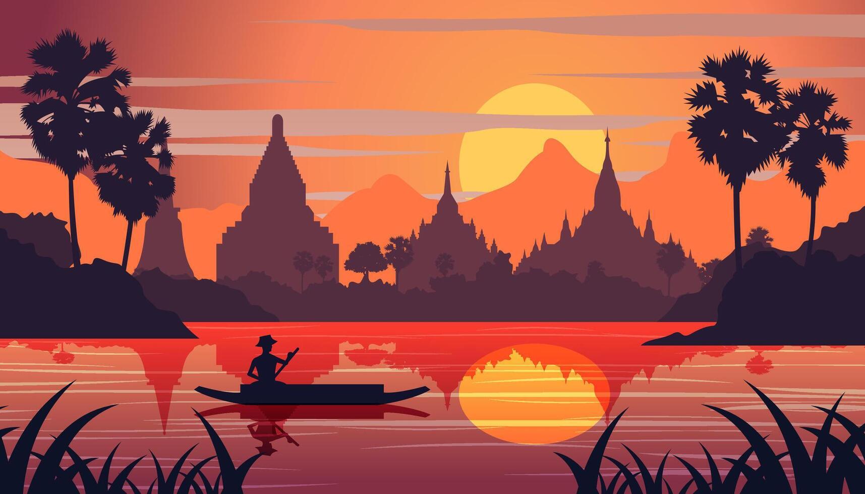 sunset landscape and Buddha Thai temple with a rowing boat around with tree.countryside of east lifestyle vector