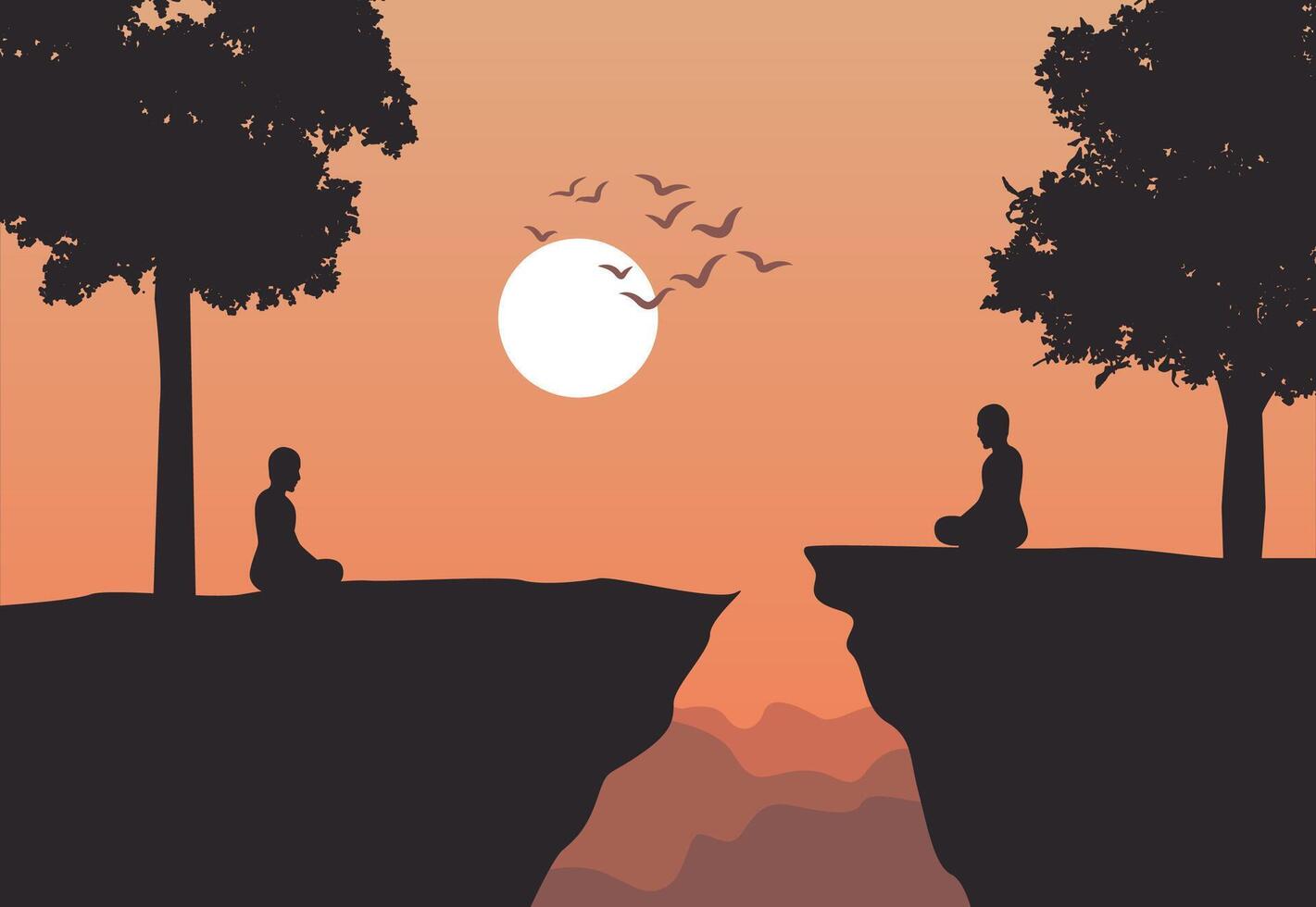 monks train meditation to come to peace and out of suffer under the tree vector