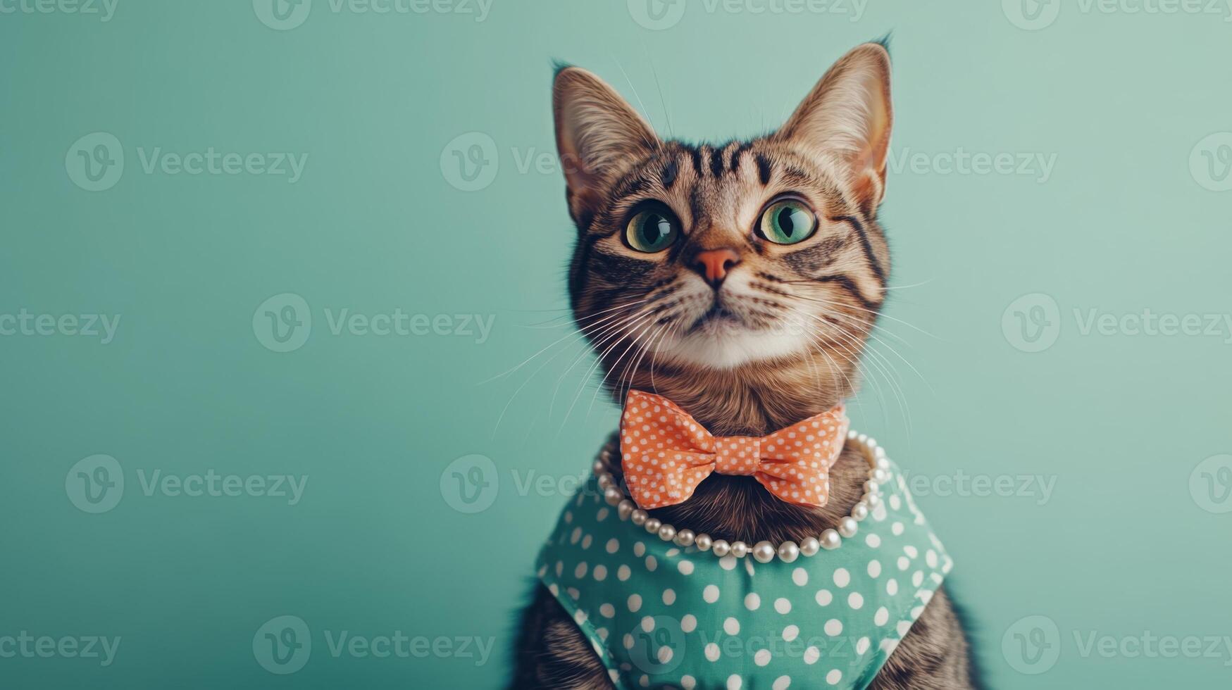 A tabby cat with green eyes is wearing a green polka dot dress with a peach polka dot bowtie and a pearl necklace. The cat is looking up with a curious expression photo