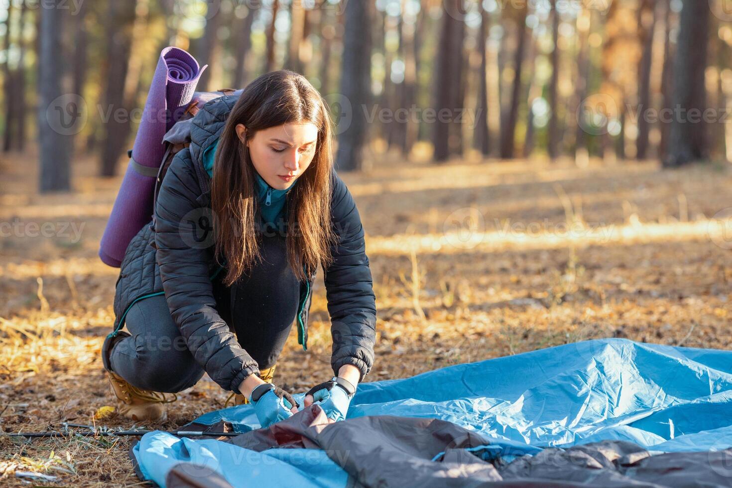 Girl backpacker setting up tent, forest background, copy space photo