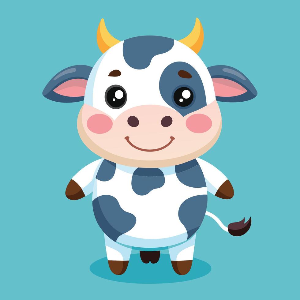 Cute cartoon cow standing cheerfully against a pastel blue background, showcasing a playful expression with vibrant features and a friendly demeanor vector