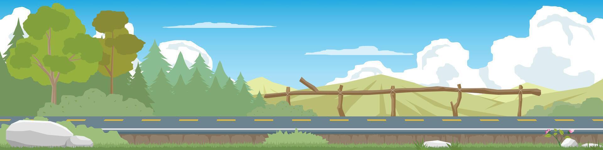 A scenic of asphalt road stretches through a lush green forest. Mountains rise in the distance, and a wooden fence lines the side of the road. The sky is blue with fluffy white clouds. vector