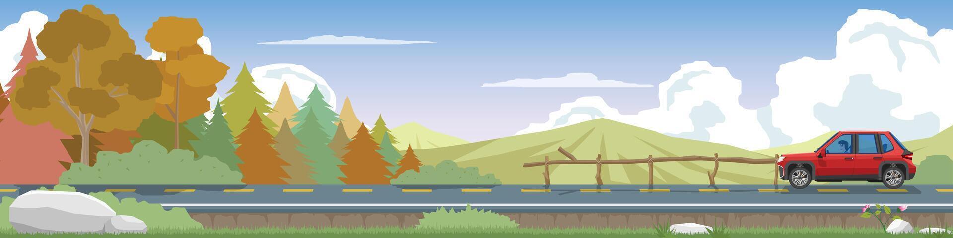 Landscape of red car drives along a paved road. Surrounded by lush green forests and rolling hills. Wooden fence lies side of road. Majestic mountains rise up against under blue sky and white clouds. vector