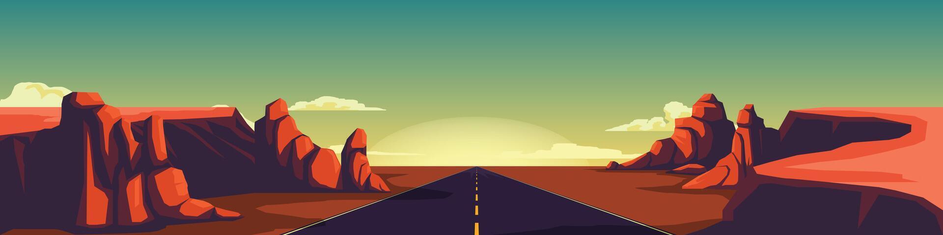 Vast landscape with a long of asphalt road stretching into the distance. Sky vibrant gradient of orange and pink and sunrise or sunset. Rock two beside. Journey filled with adventure and discovery. vector