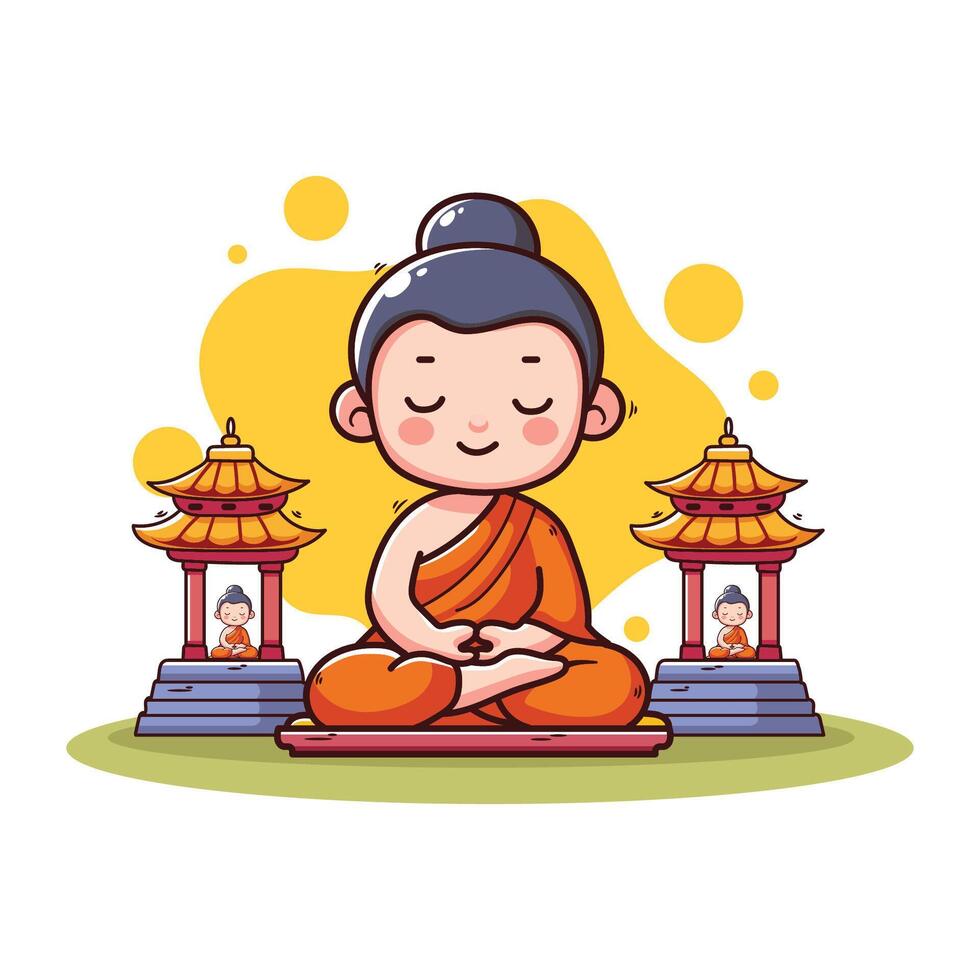 little buddha with chinese temple icon cartoon illustration graphic design vector