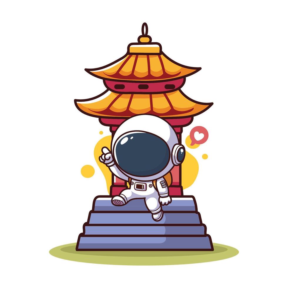 cute astronaut with chinese temple and stairs illustration graphic design vector